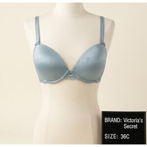 Victoria's Secret Baby Blue Satin Ribbon Lace Padded Demi Bra 36C EUC